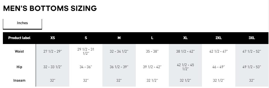 Adidas mens pants deals size chart